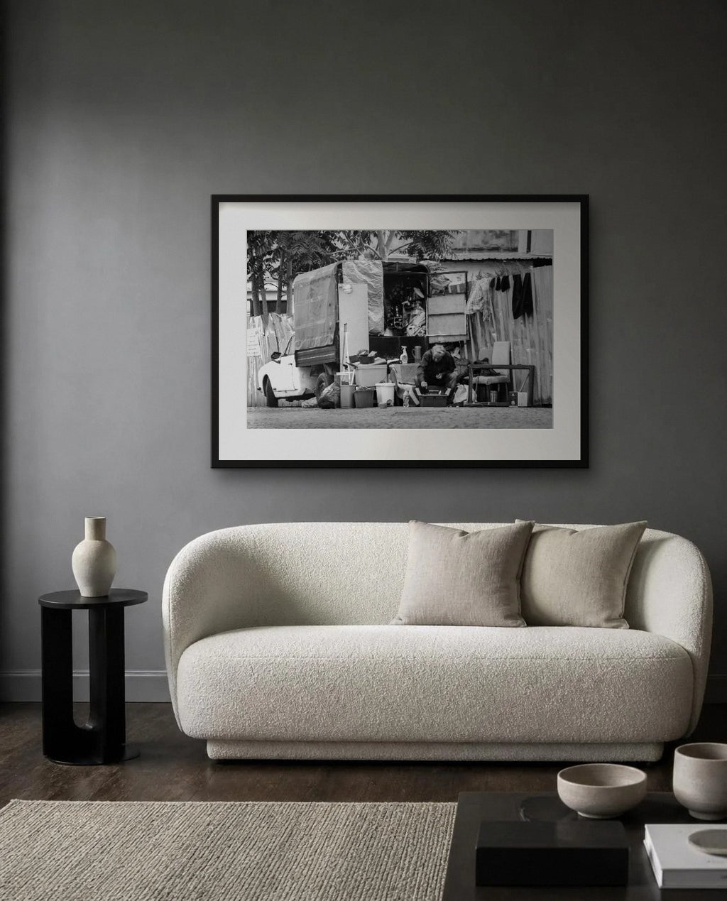 The Mobile Shop — framed fine art print shown in a room (illustration; ships unframed)